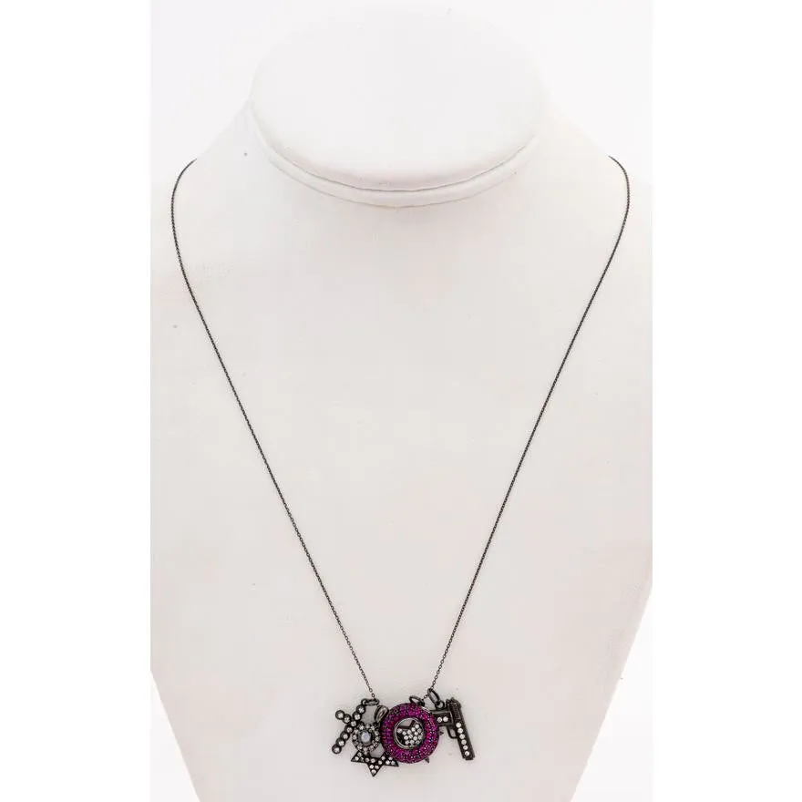 14k Blacken Gold Diamond and Ruby Charm Necklace