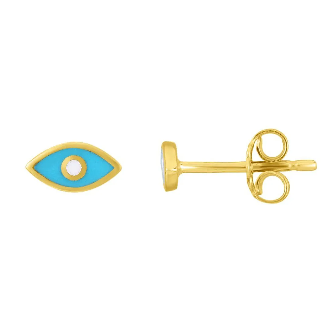 14K Gold Blue Enamel Evil Eye Stud Earrings