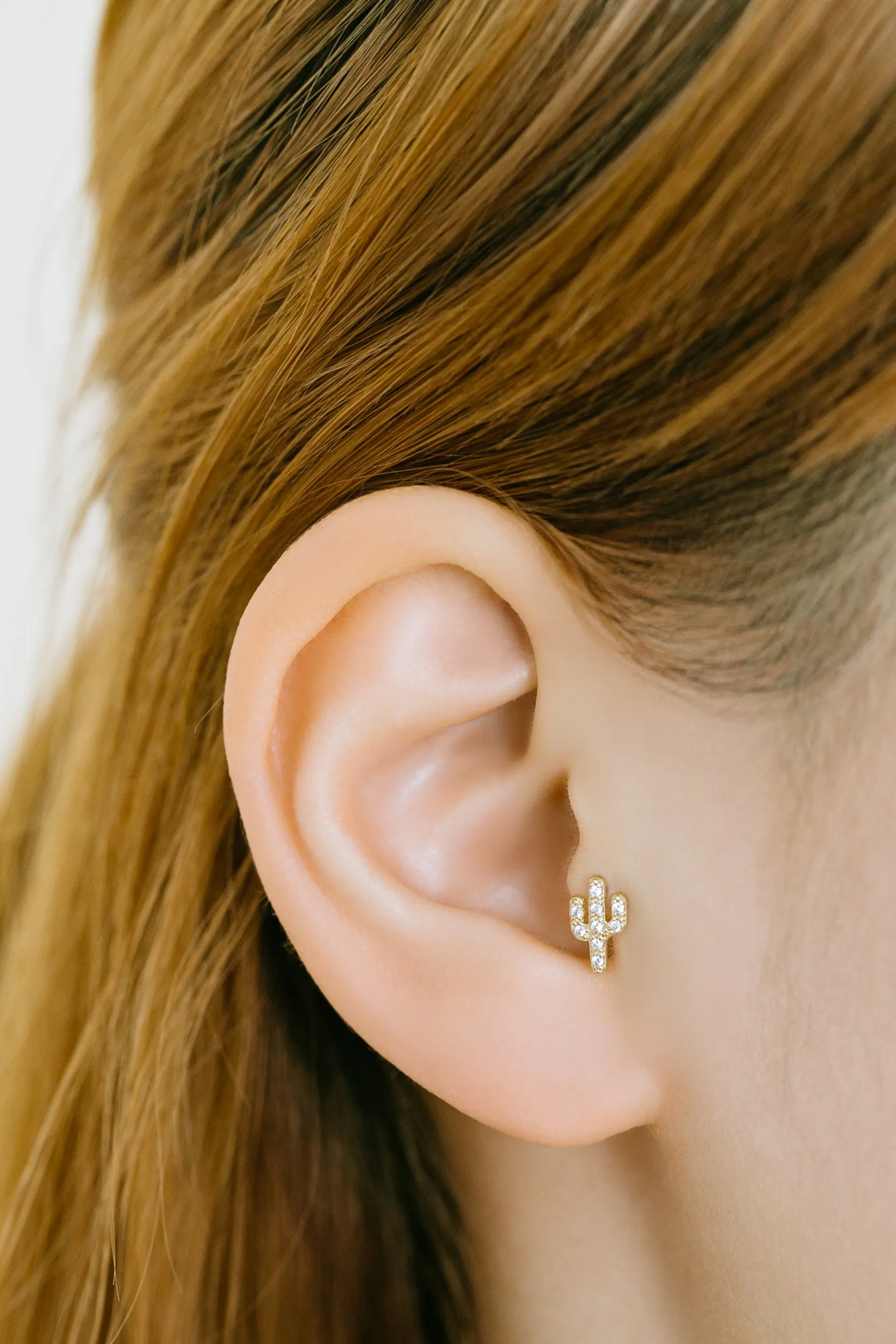 14k Gold Jewelry Cz Cute Cactus Barbell Ear Stud Piercing