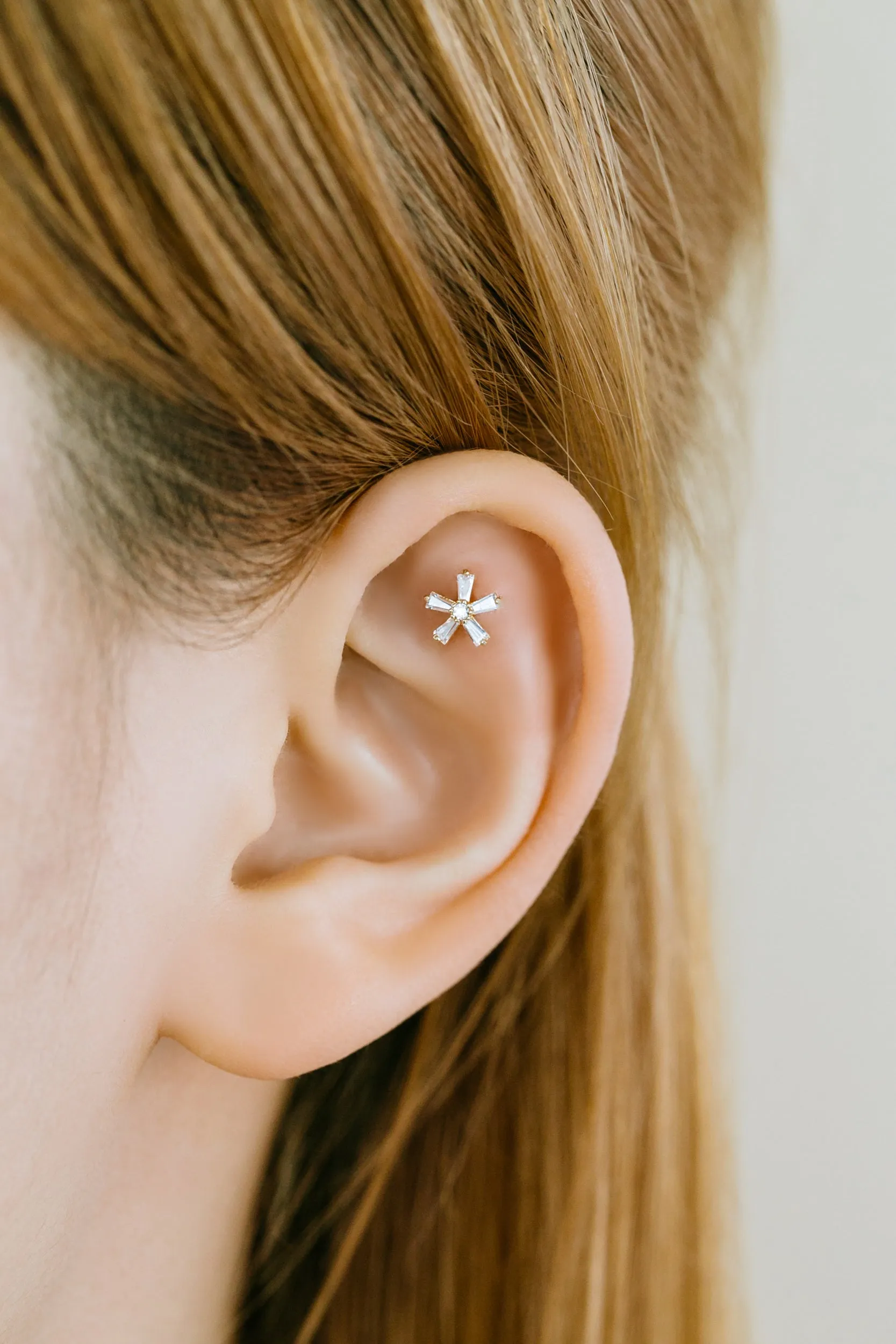 14k Gold Jewelry Cz Flower Barbell Ear Stud Piercing