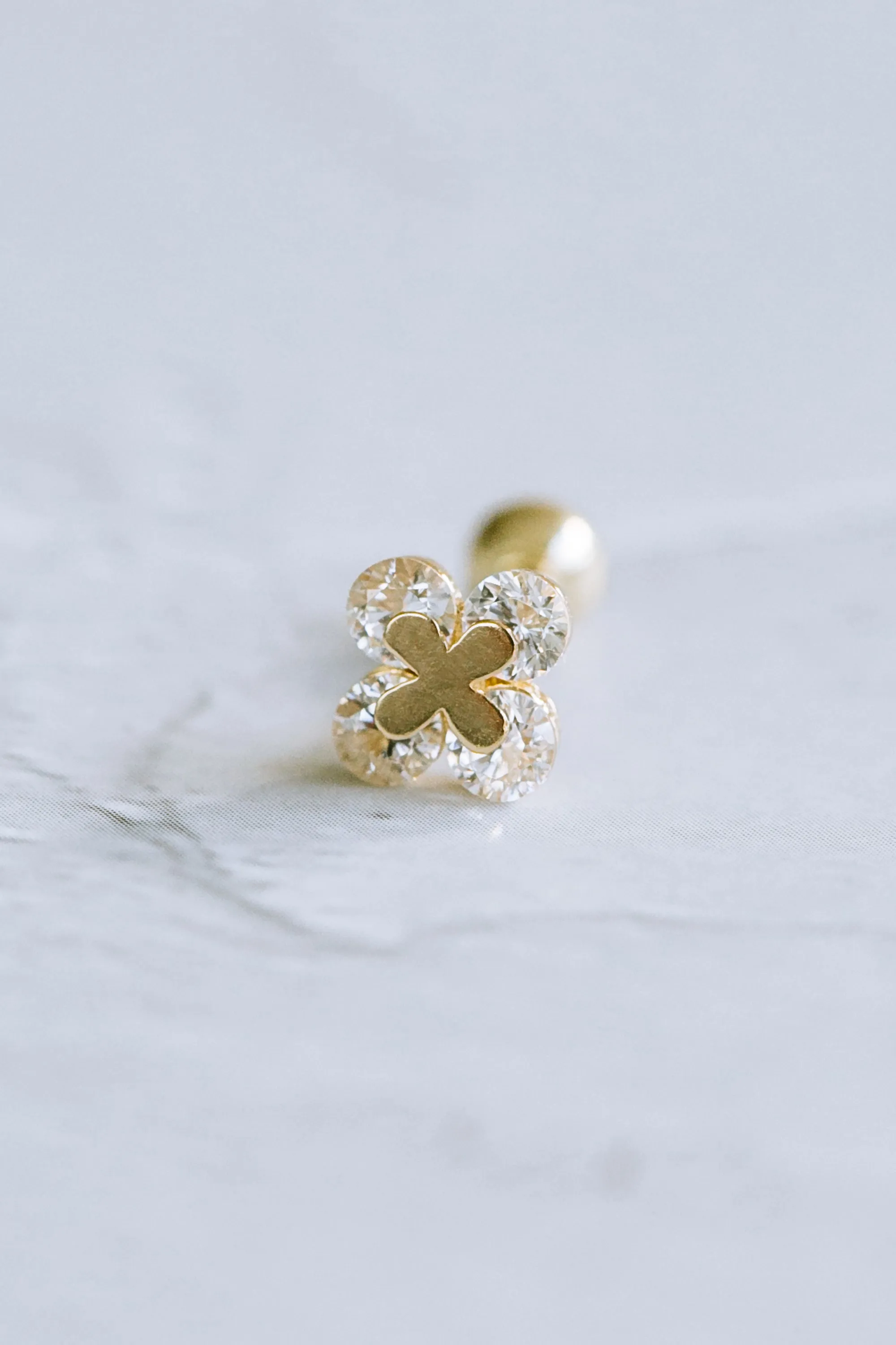 14K GOLD JEWELRY MINIMALIST CZ CUTE SMALL FOUR LEAVES CLOVER BARBELL EAR STUD EARRING PIERCING