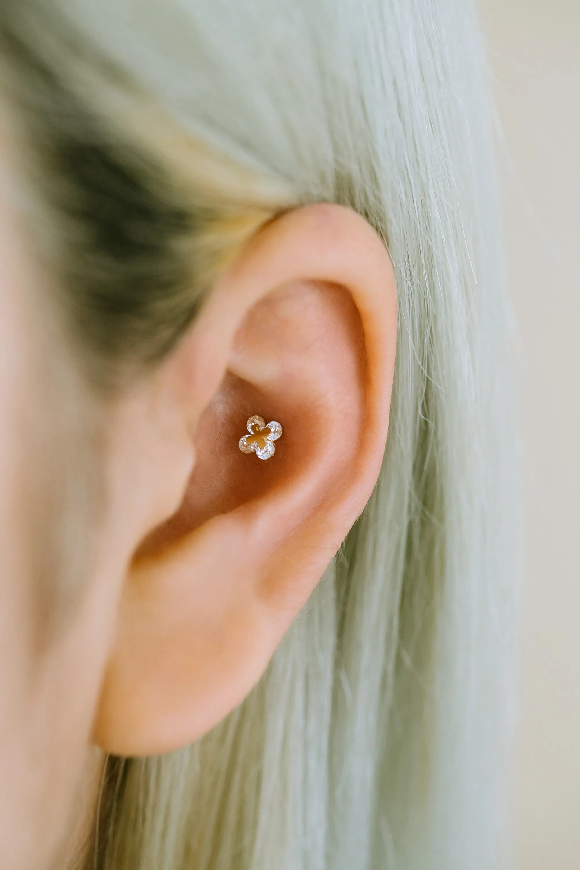 14K GOLD JEWELRY MINIMALIST CZ CUTE SMALL FOUR LEAVES CLOVER BARBELL EAR STUD EARRING PIERCING