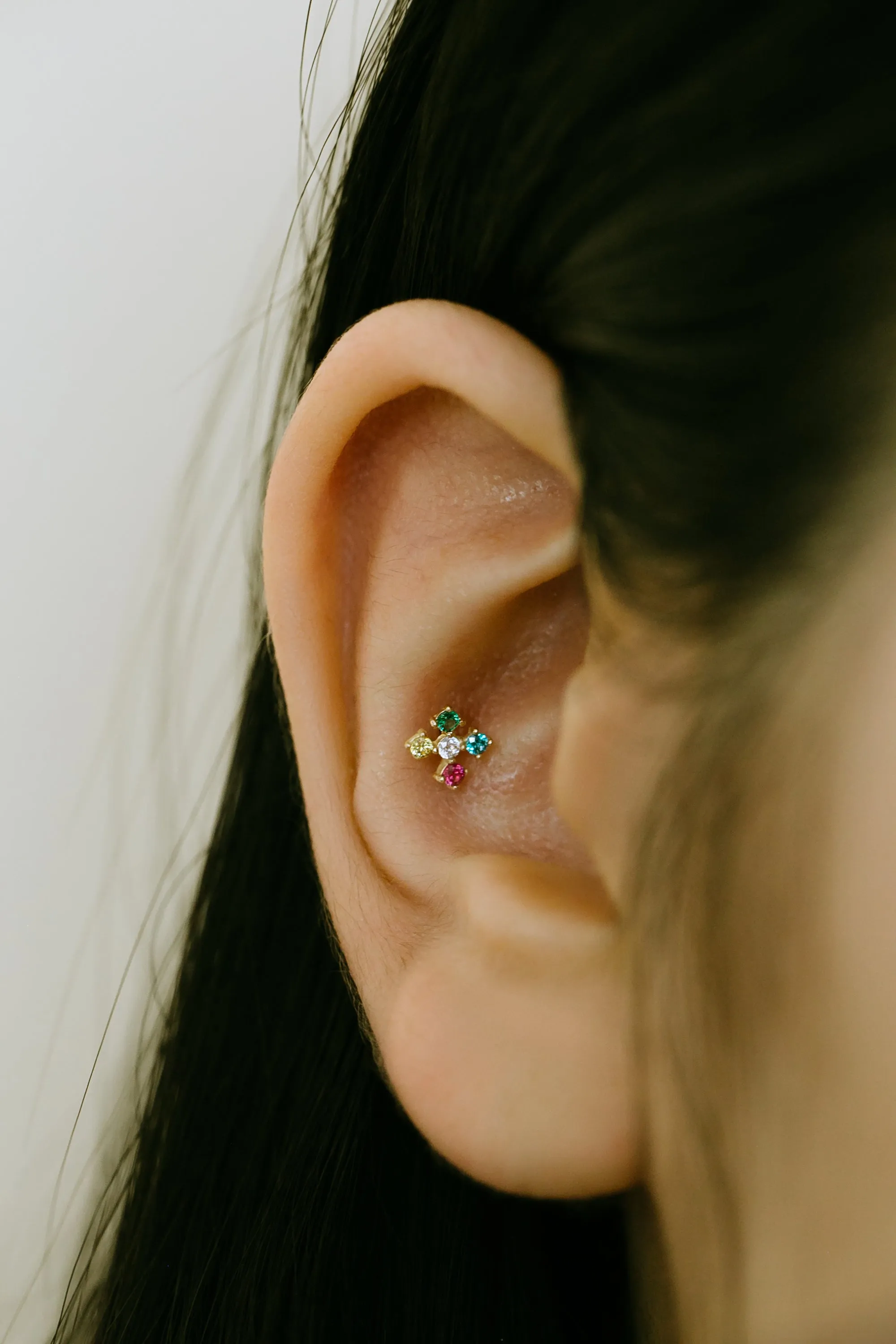 14K GOLD JEWELRY MINIMALIST DELICATE COLOR CZ FLOWER BARBELL EAR STUD EARRING PIERCING