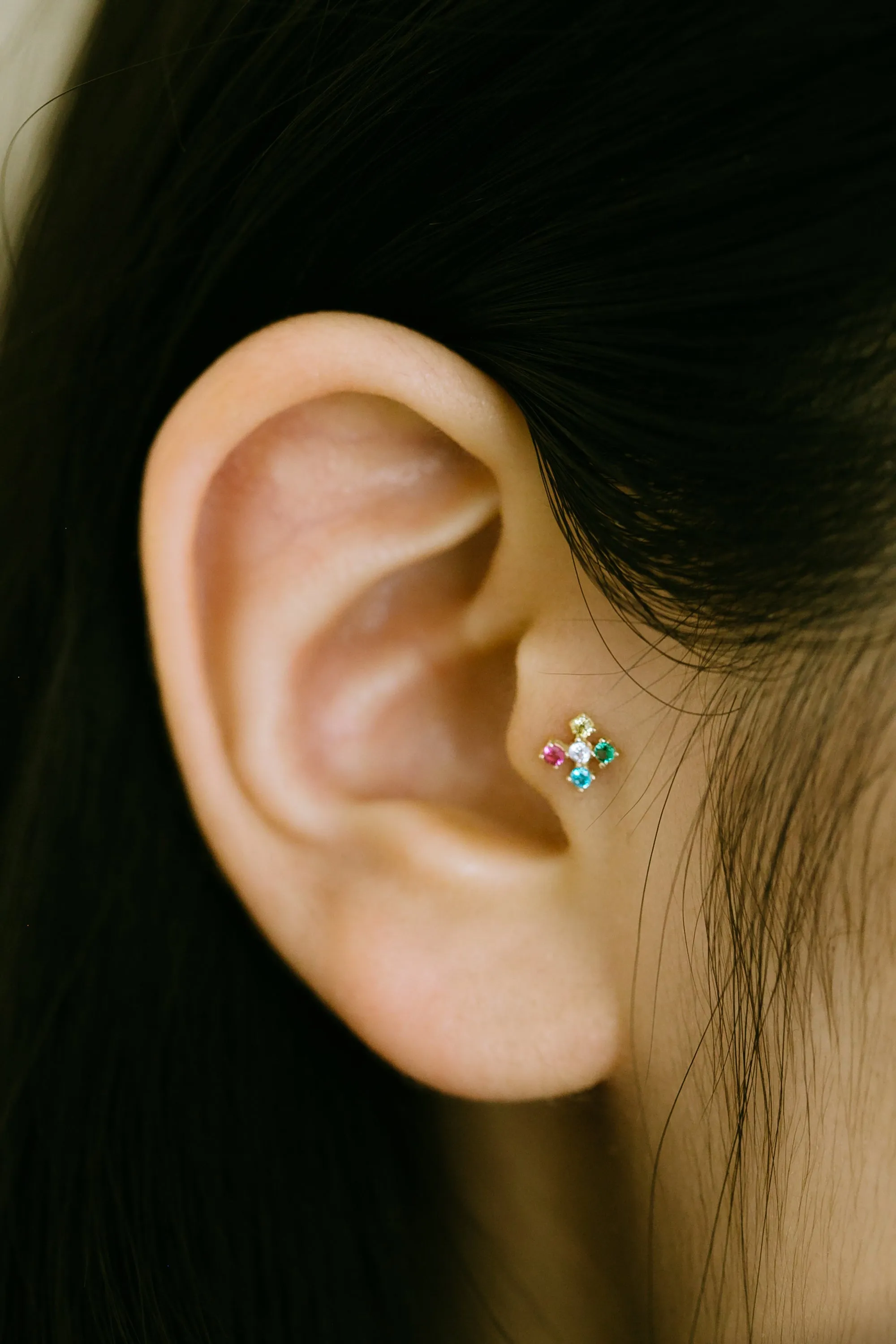 14K GOLD JEWELRY MINIMALIST DELICATE COLOR CZ FLOWER BARBELL EAR STUD EARRING PIERCING