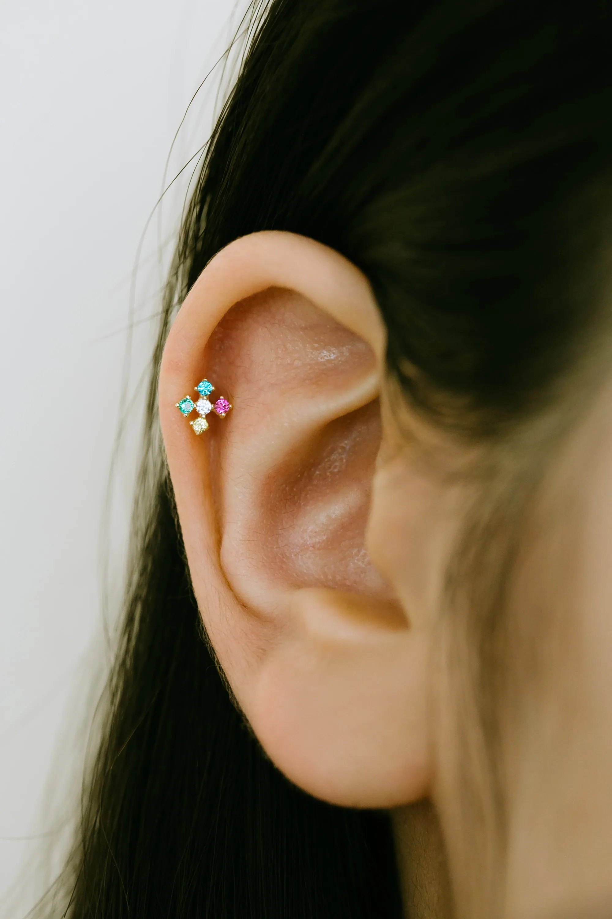 14K GOLD JEWELRY MINIMALIST DELICATE COLOR CZ FLOWER BARBELL EAR STUD EARRING PIERCING