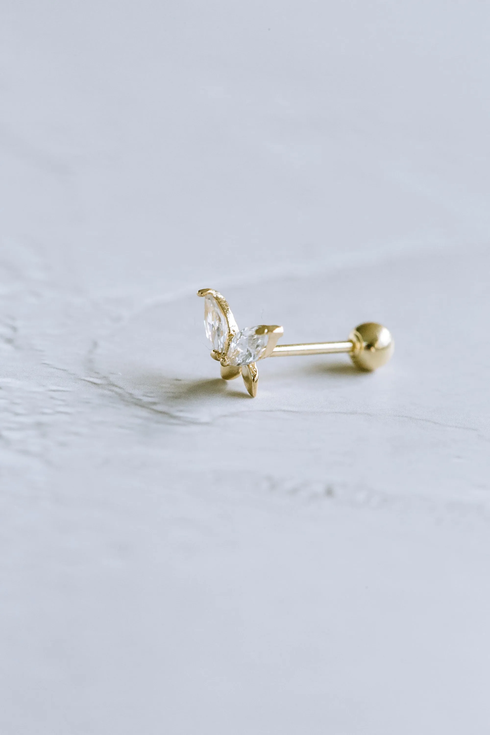 14K GOLD JEWELRY MINIMALIST DELICATE CZ BUTTERFLY BARBELL EAR STUD EARRING PIERCING