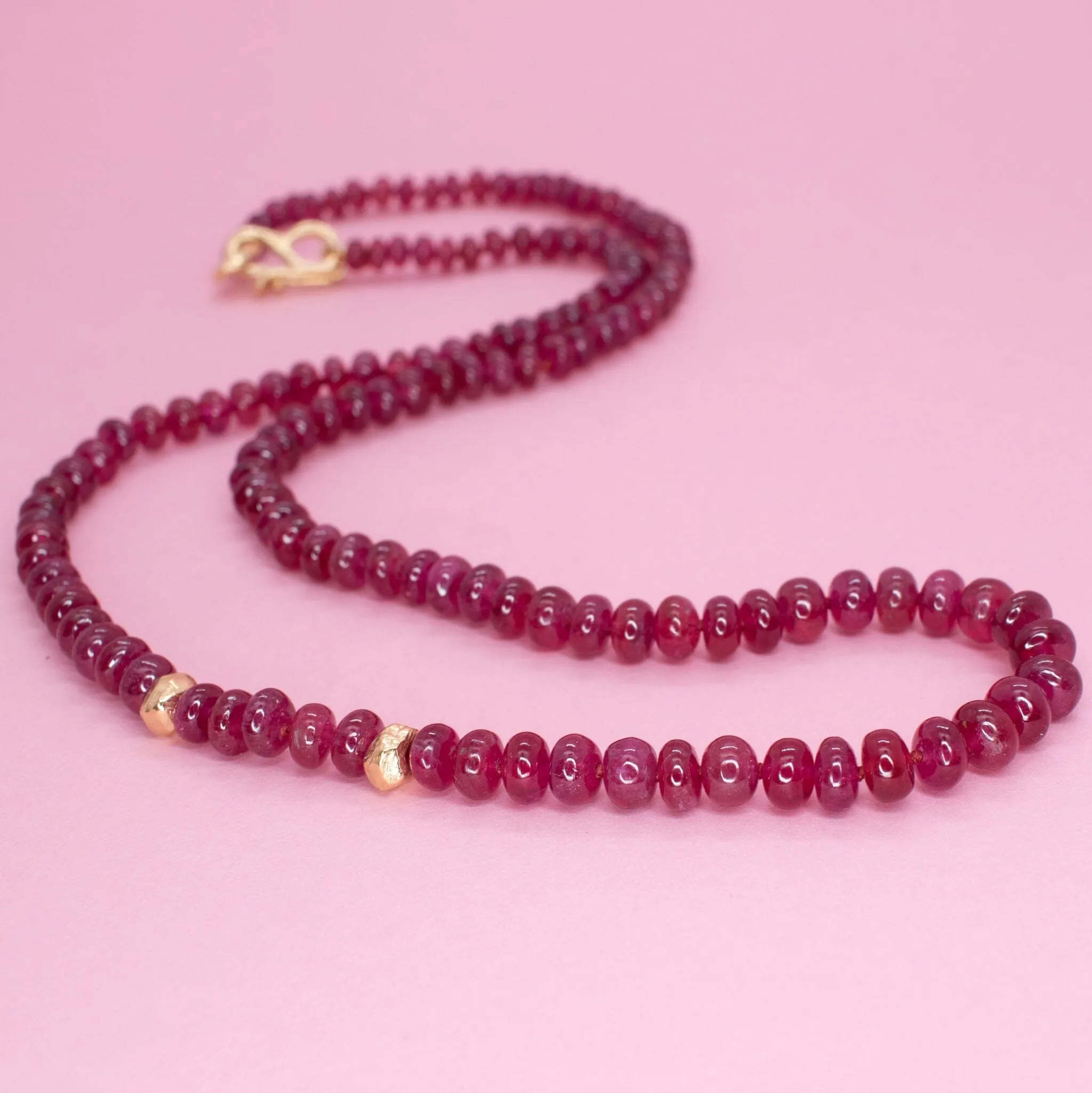 18K Carved Bead and Ruby Strand Necklace