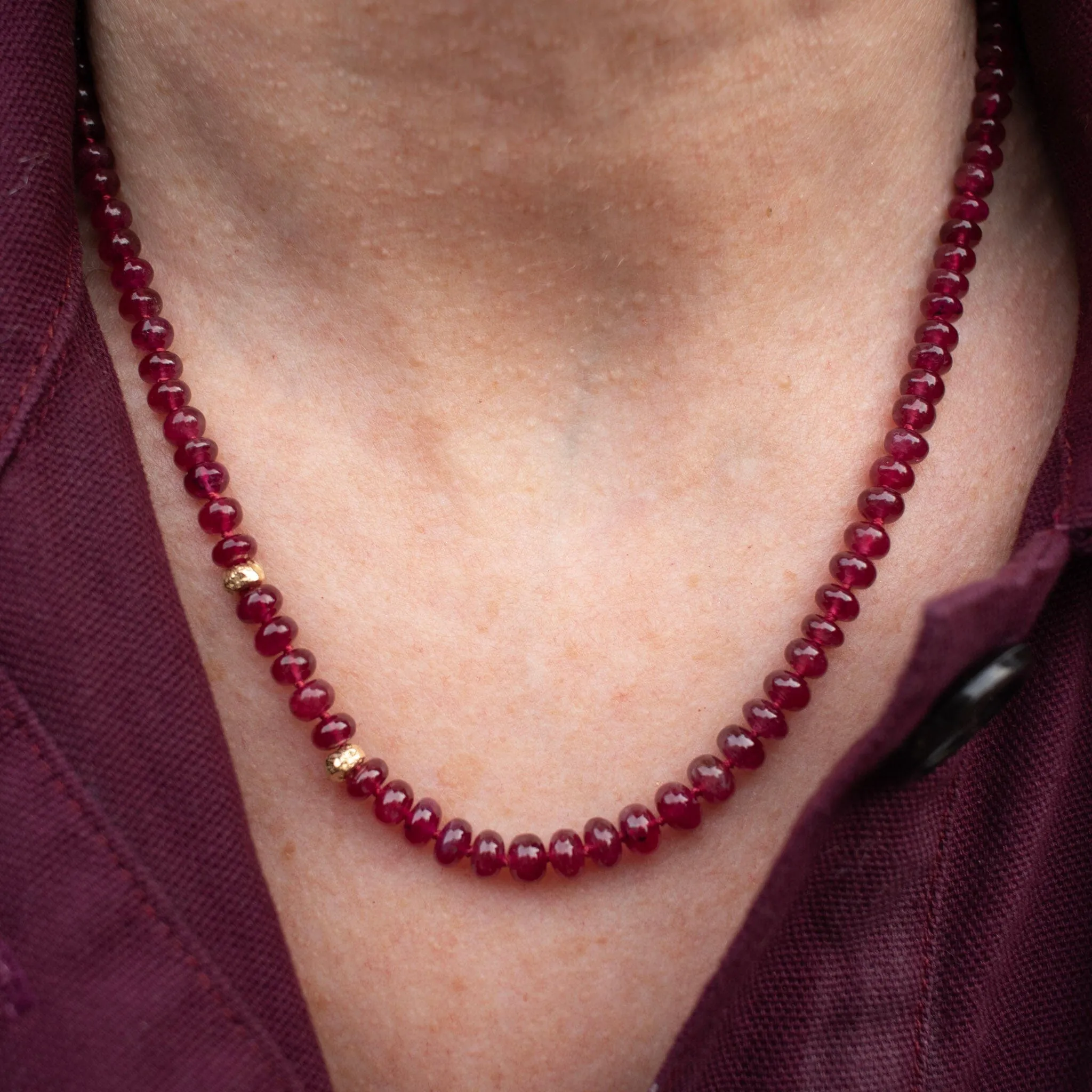 18K Carved Bead and Ruby Strand Necklace