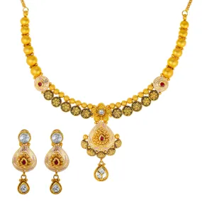 22K Antique Gold Jewelry Set w/ Kundan & Ruby (33.4gm)