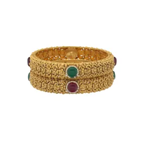 22K Yellow Gold, CZ, Emerald & Ruby Bangle Set (62.6gm)