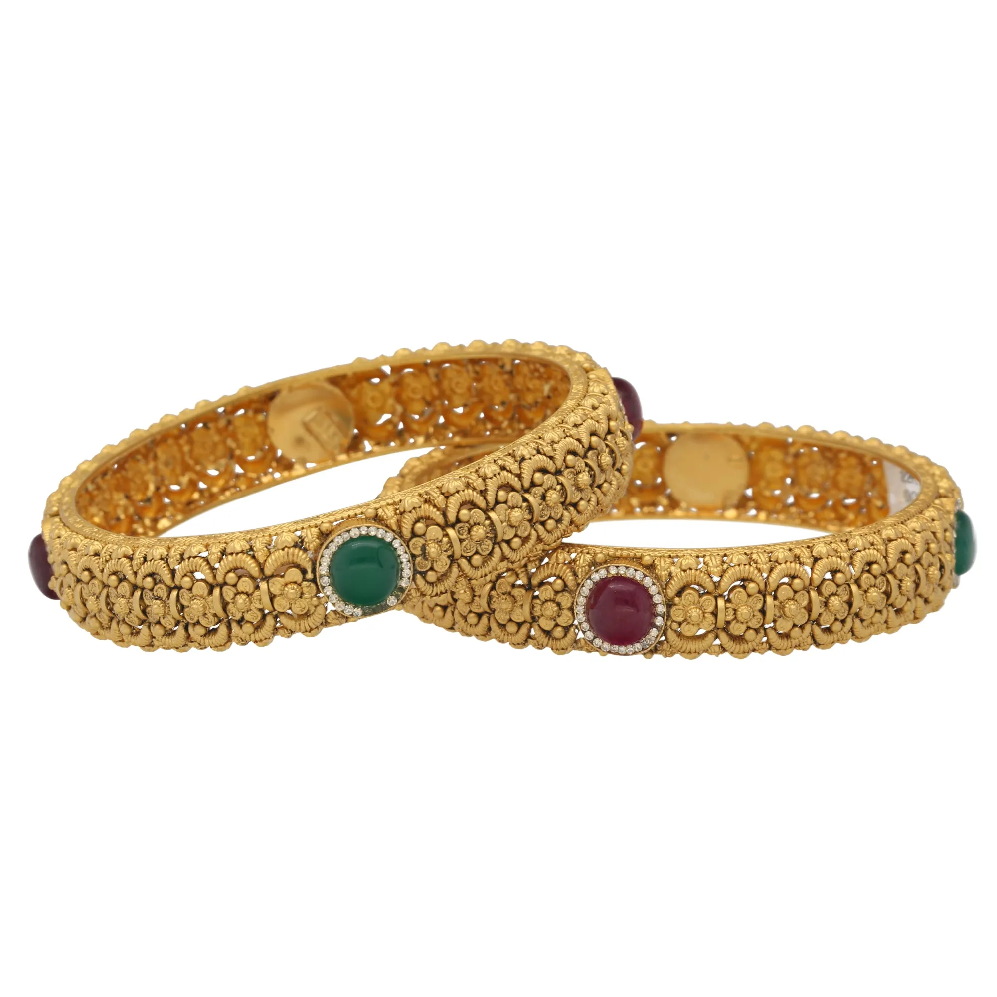 22K Yellow Gold, CZ, Emerald & Ruby Bangle Set (62.6gm)