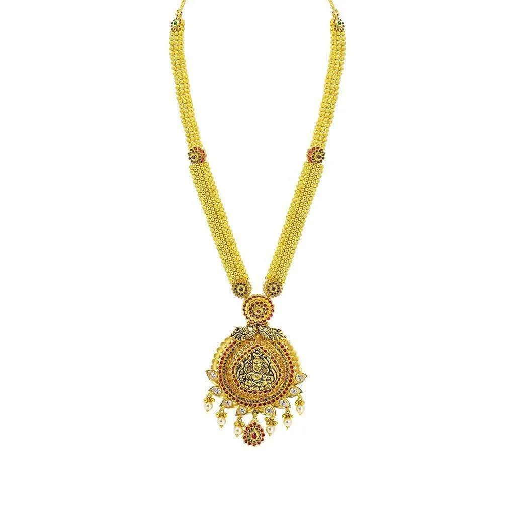 22K Yellow Gold Necklace & Earrings Set W/ Ruby, Emerald, CZ & Pearls on Thick Round Beaded Chain