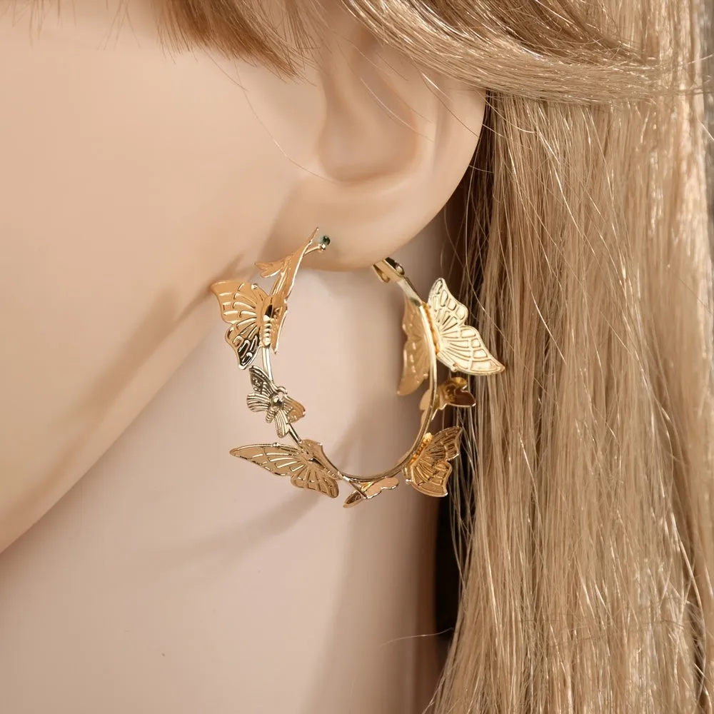 3D Butterfly Alloy Hoop Earrings For Women Girls Jewelry Gift