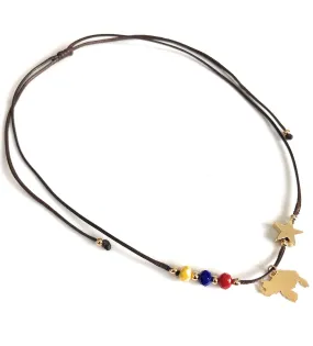 Adjustable Brown Cord Venezuela Tricolor Map and Star Necklace