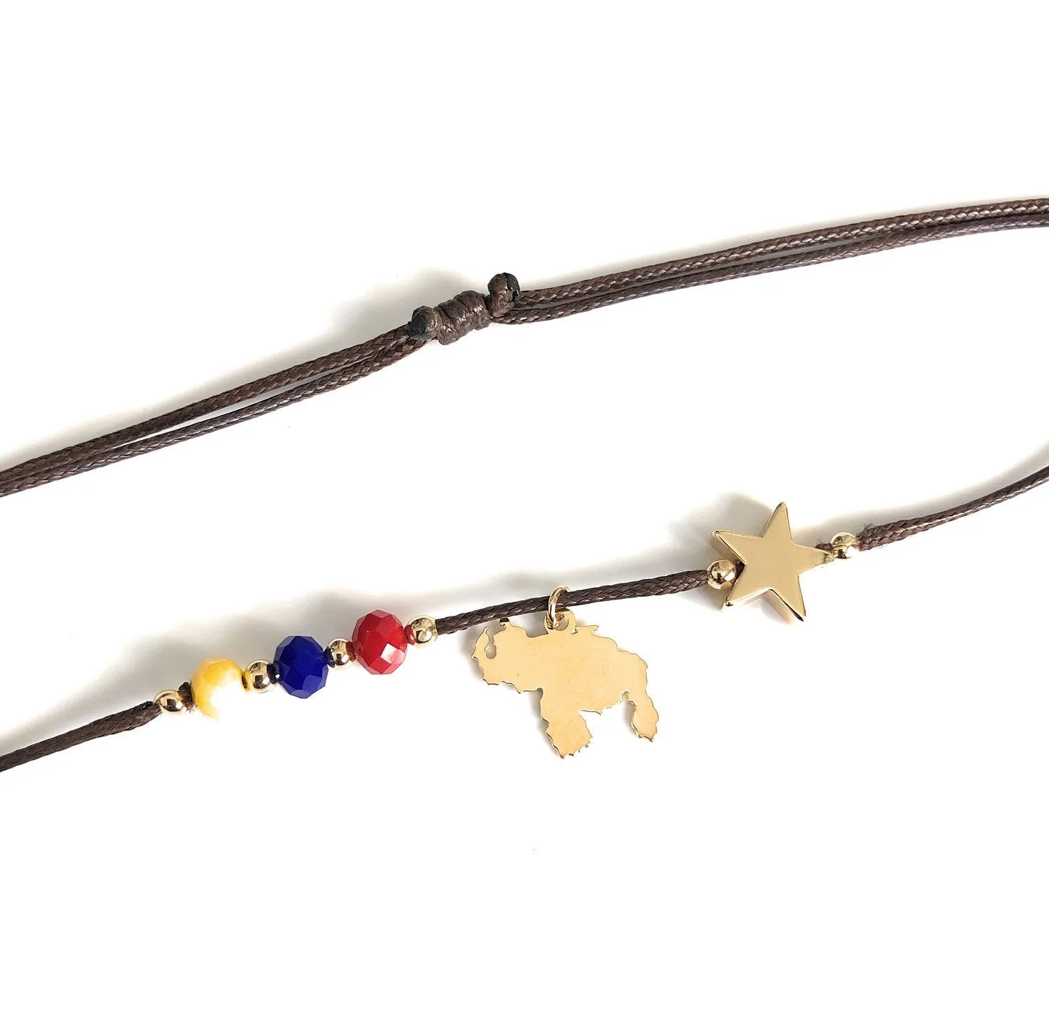 Adjustable Brown Cord Venezuela Tricolor Map and Star Necklace