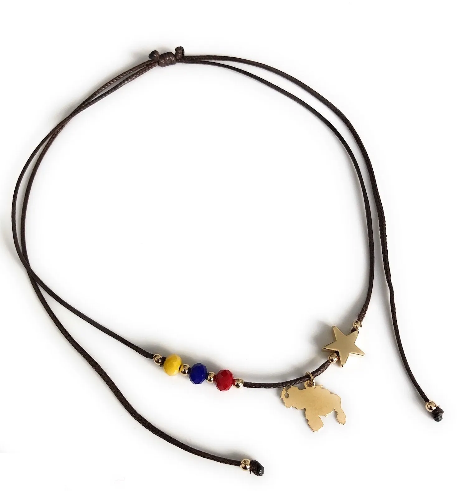 Adjustable Brown Cord Venezuela Tricolor Map and Star Necklace