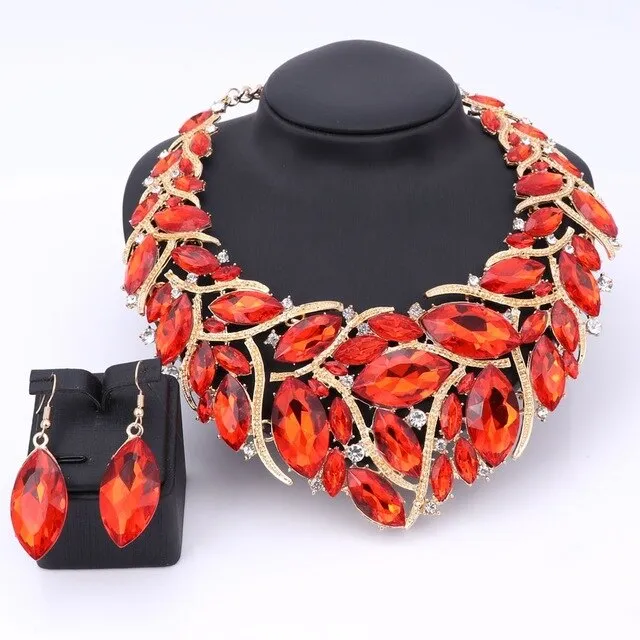 African Beads Crystal Necklace & Earrings Wedding Statement Jewelry Set