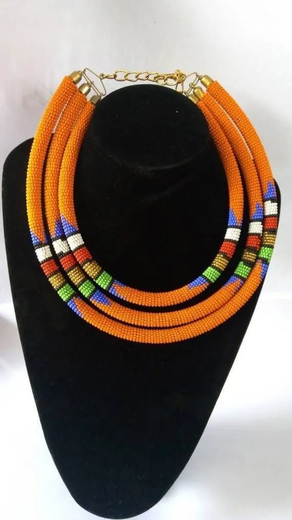 African Orange beaded layered necklace, Tribal Zulu Beaded necklace, Maasai jewelry