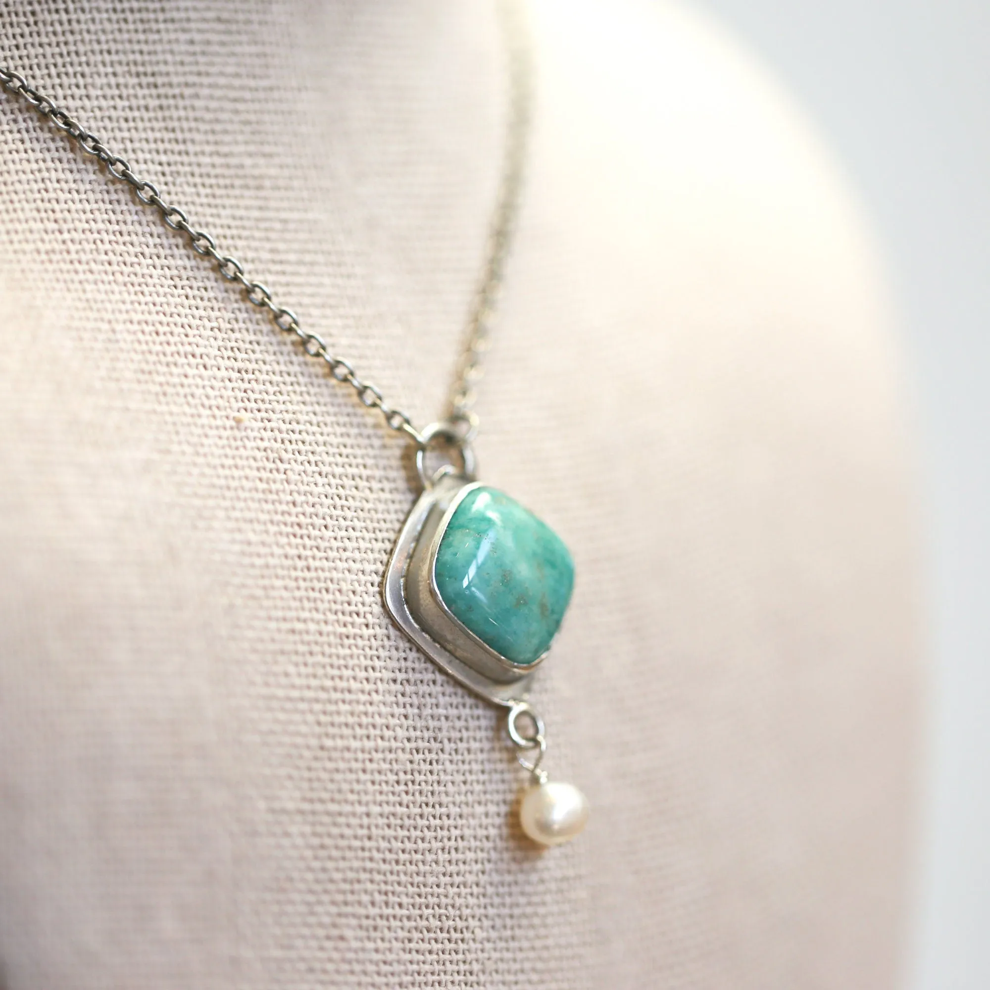 Amazonite Dyna Necklace - Amazonite Pendant Freshwater Pearl Drop - Sterling Silver