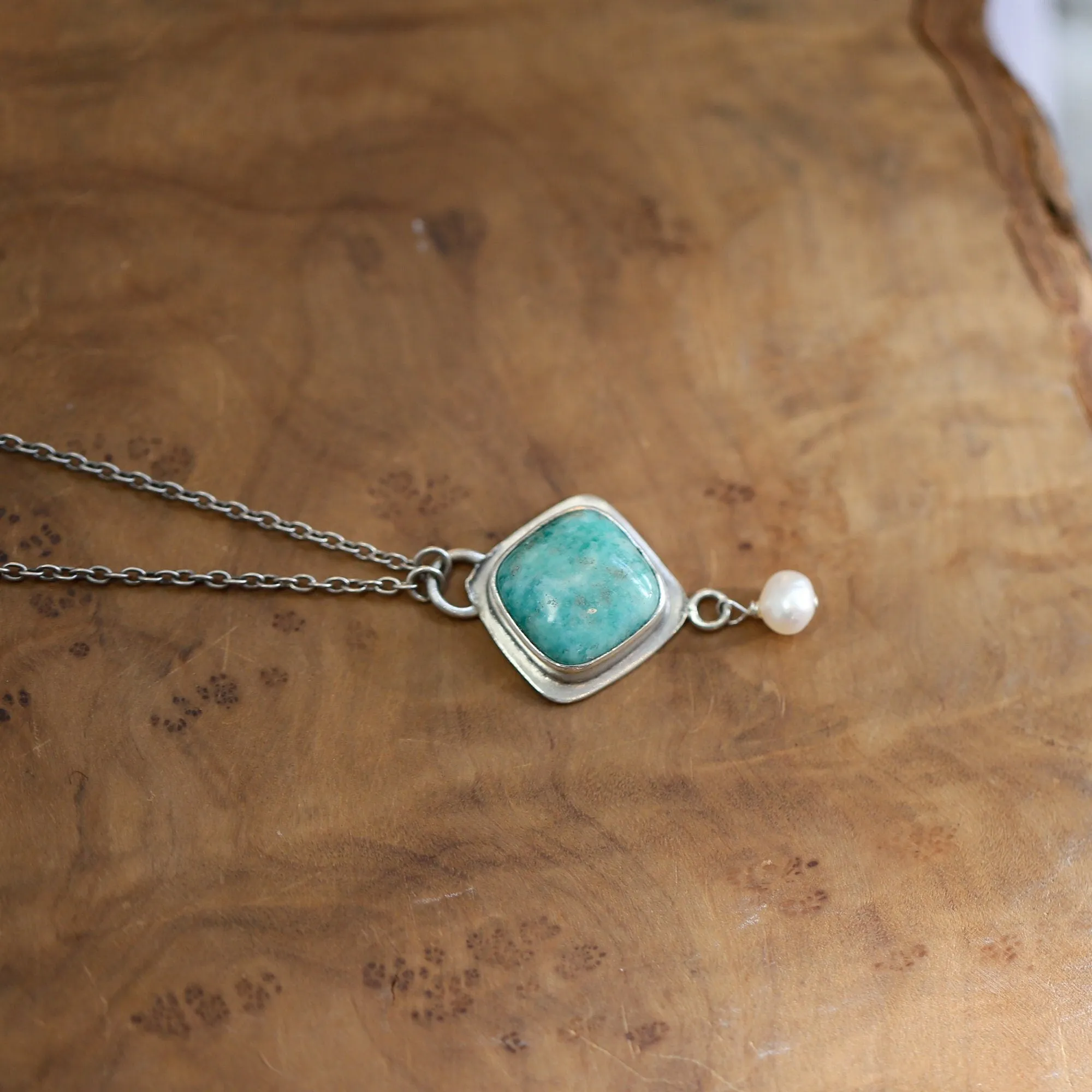 Amazonite Dyna Necklace - Amazonite Pendant Freshwater Pearl Drop - Sterling Silver