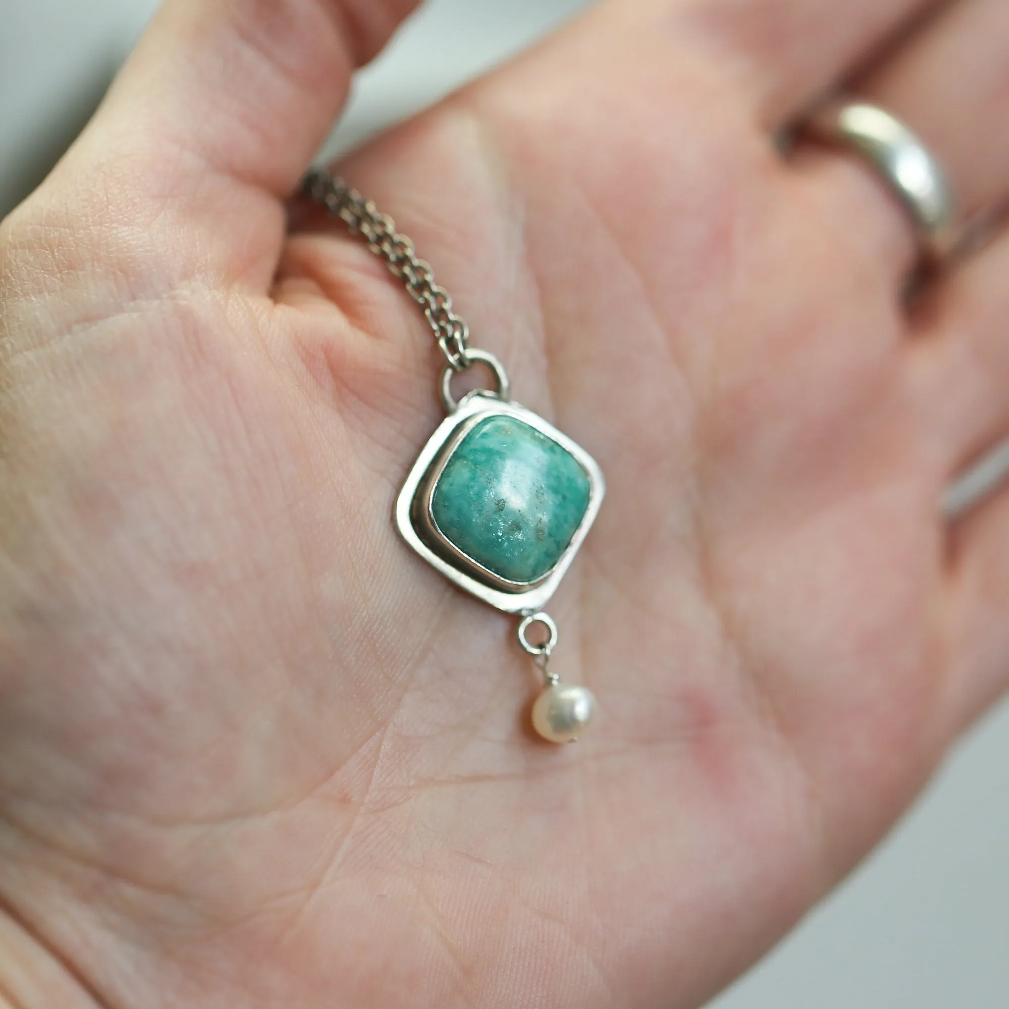 Amazonite Dyna Necklace - Amazonite Pendant Freshwater Pearl Drop - Sterling Silver