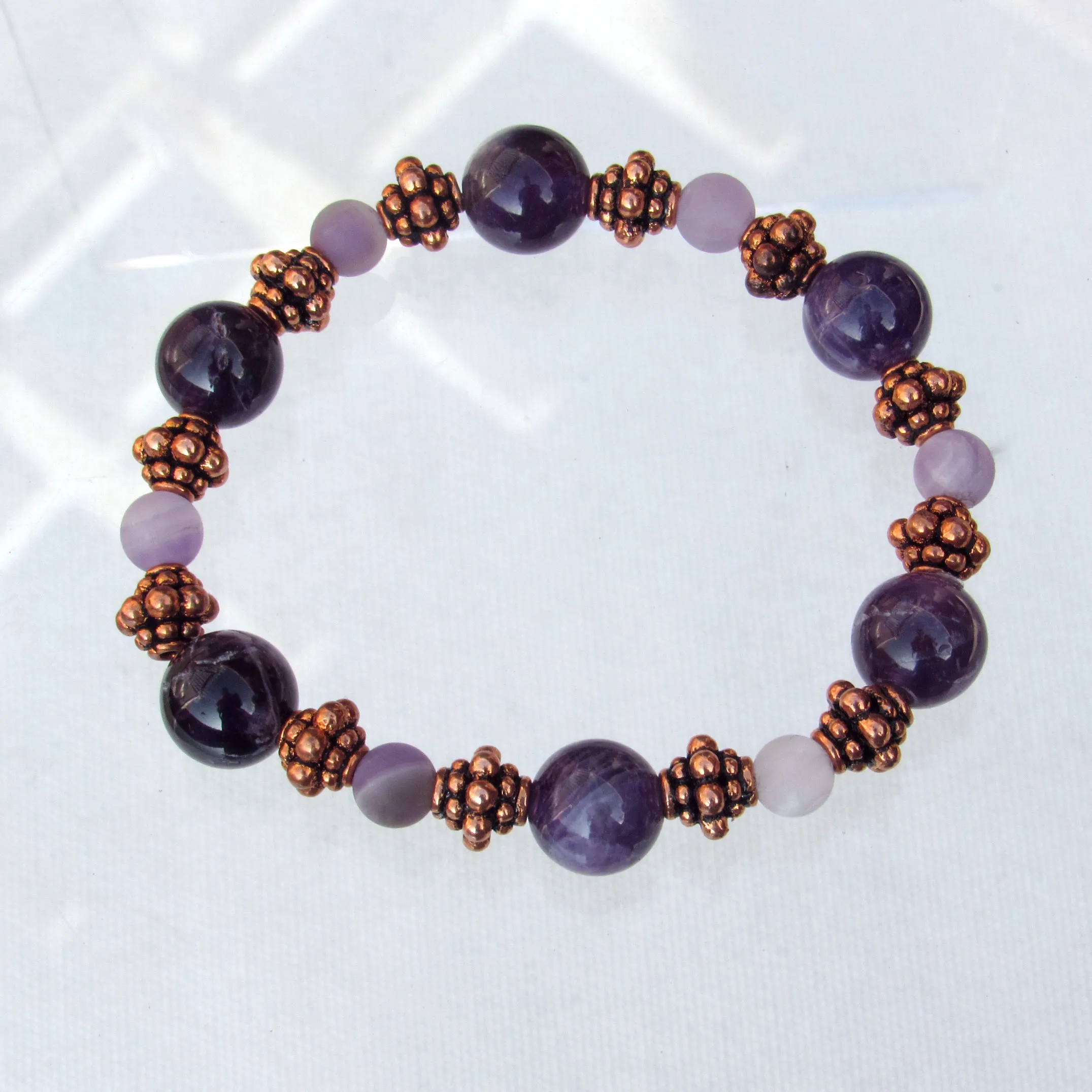 Amethyst gemstone and Copper Beaded Stretch Bracelet