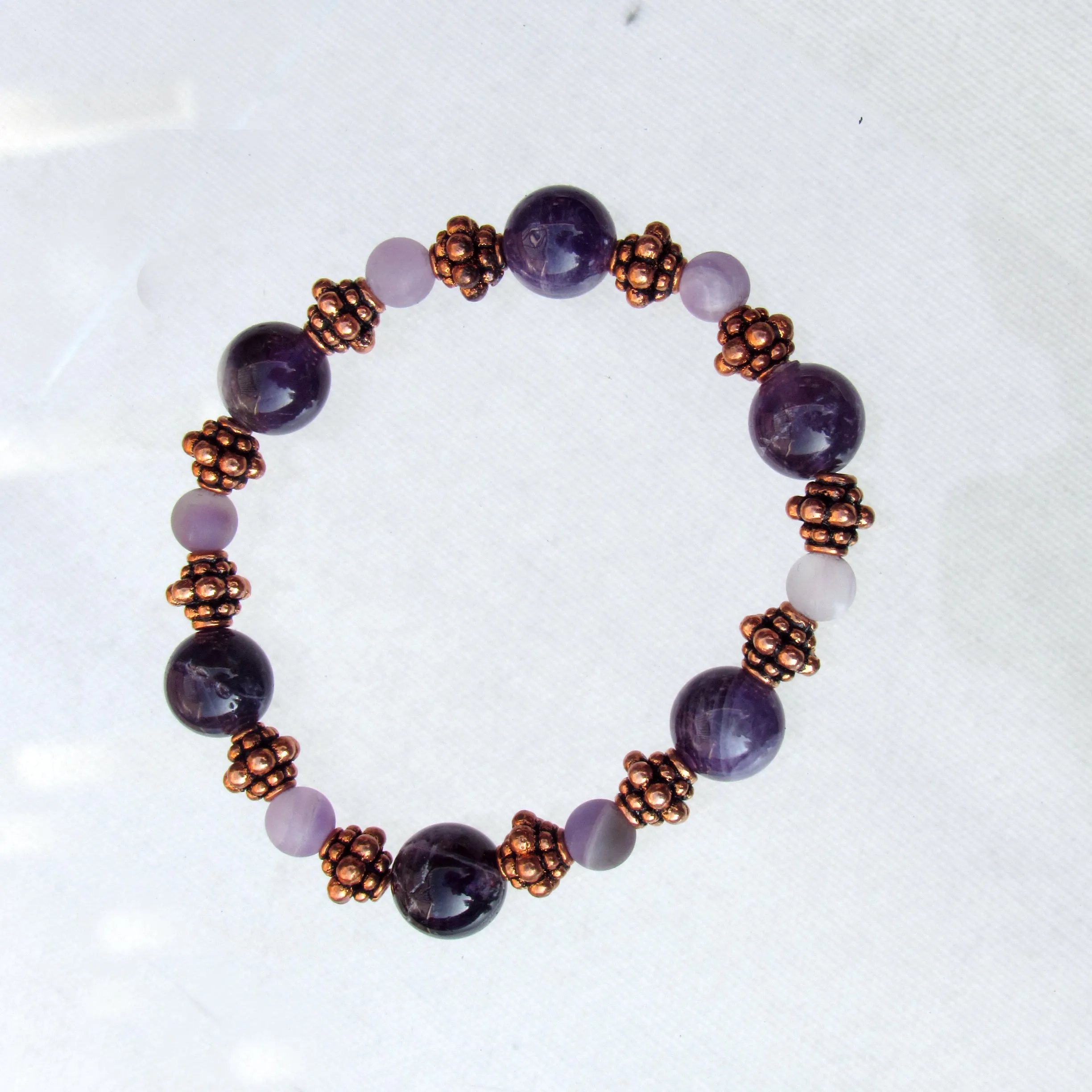 Amethyst gemstone and Copper Beaded Stretch Bracelet