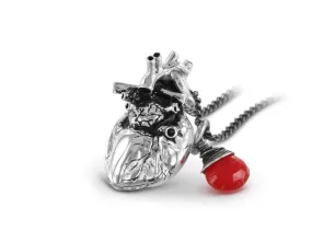 Anatomical Heart Necklace with Ruby - Silver