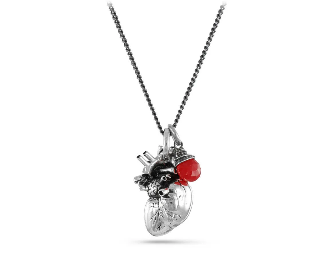 Anatomical Heart Necklace with Ruby - Silver