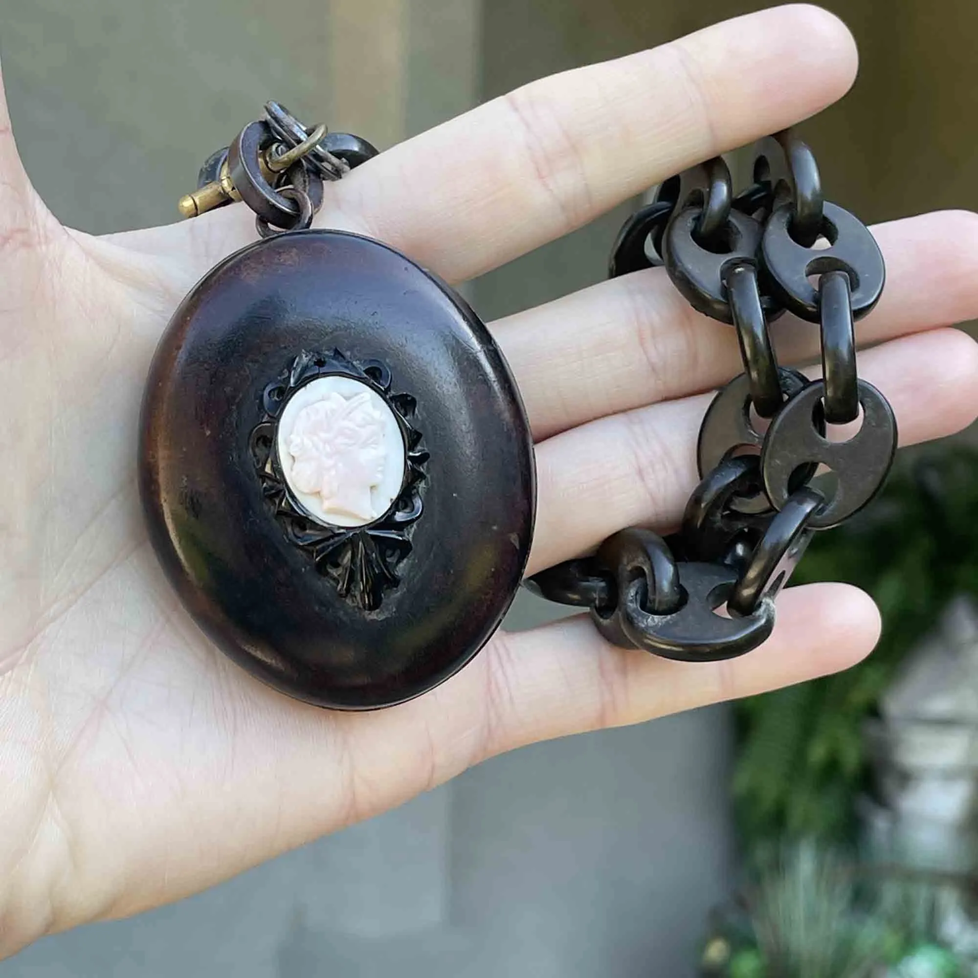 Antique Victorian Vulcanite Cameo Locket Necklace