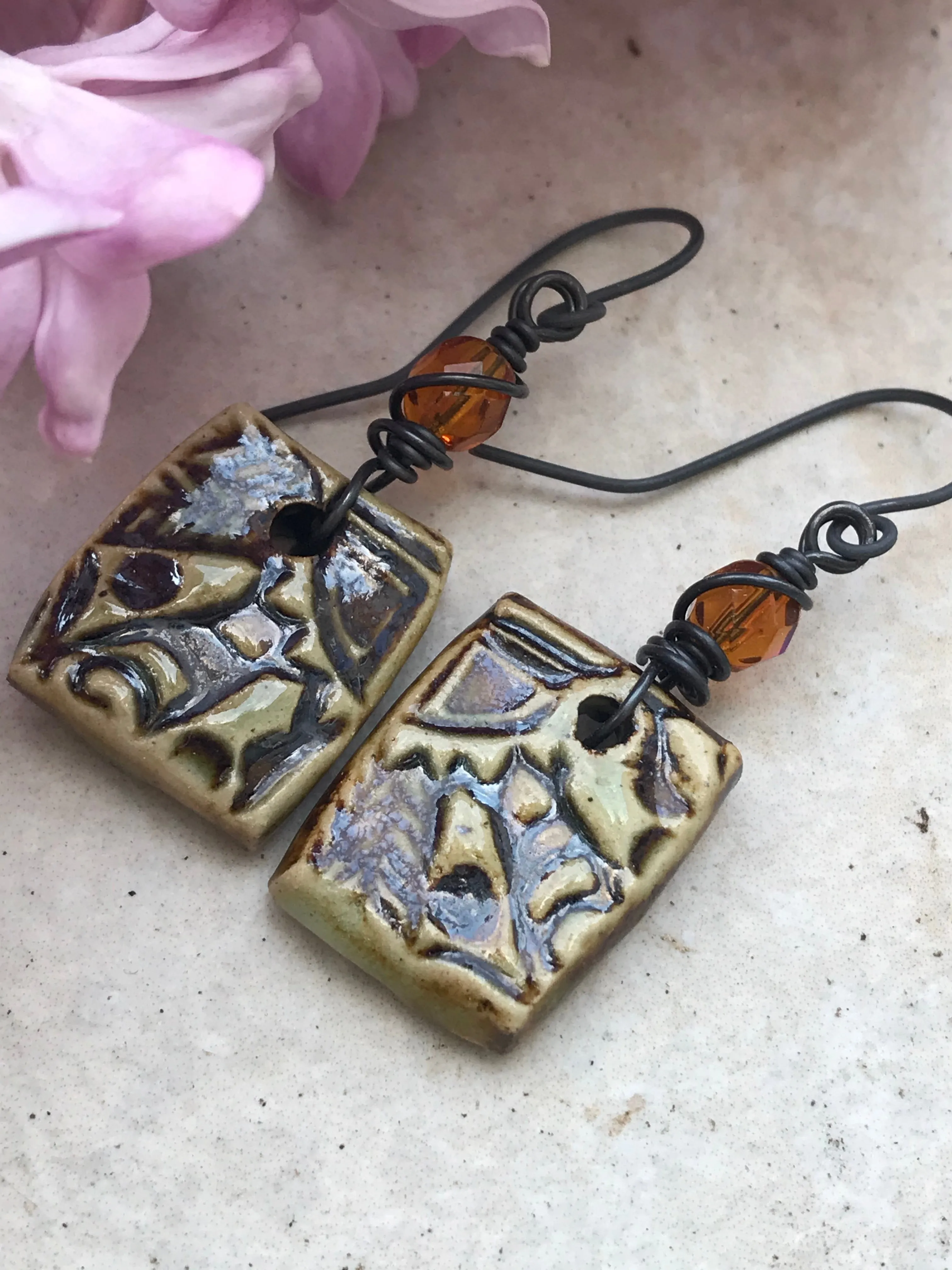 Autumn Rustic Clay Dangle Earrings, Handmade Earrings with Iridescent Czech Beads