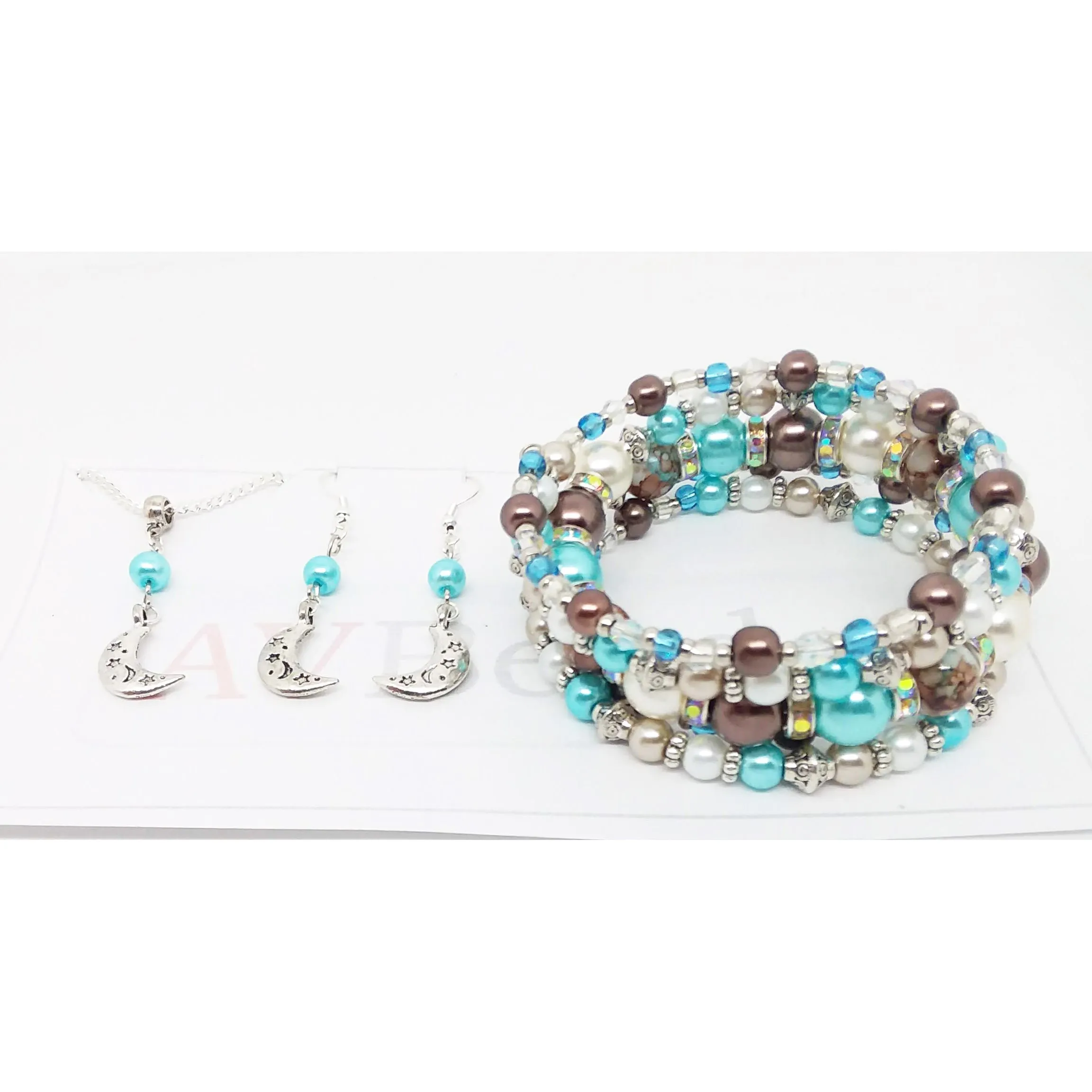 AVBeads Handmade Glass Bead Metal Charm Jewelry Set Earrings Necklace Memory Wire Bracelet 5Layer