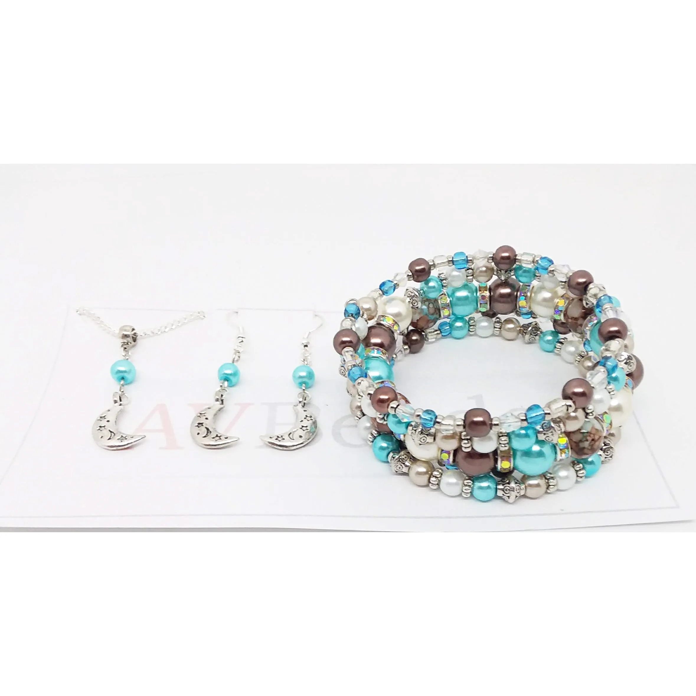 AVBeads Handmade Glass Bead Metal Charm Jewelry Set Earrings Necklace Memory Wire Bracelet 5Layer