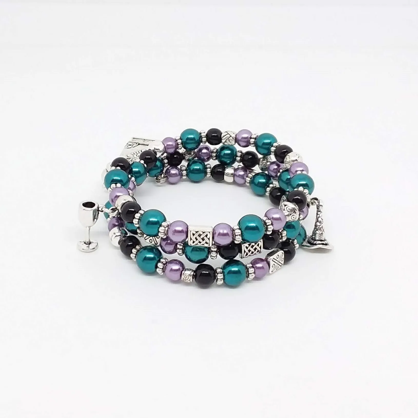 AVBeads Handmade Pagan Wiccan Glass Beaded Metal Charms Jewelry Memory Wire Bracelet Wrap 3Layer