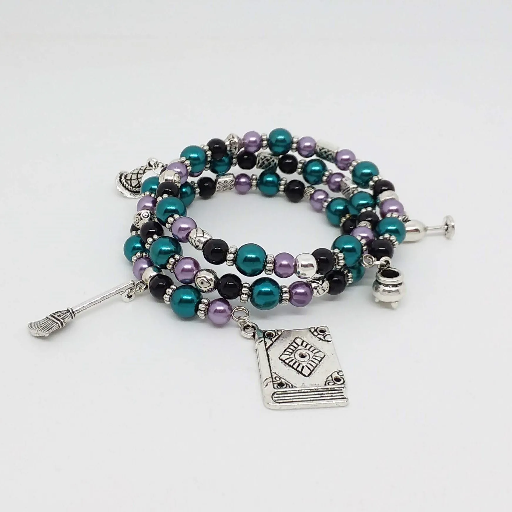 AVBeads Handmade Pagan Wiccan Glass Beaded Metal Charms Jewelry Memory Wire Bracelet Wrap 3Layer