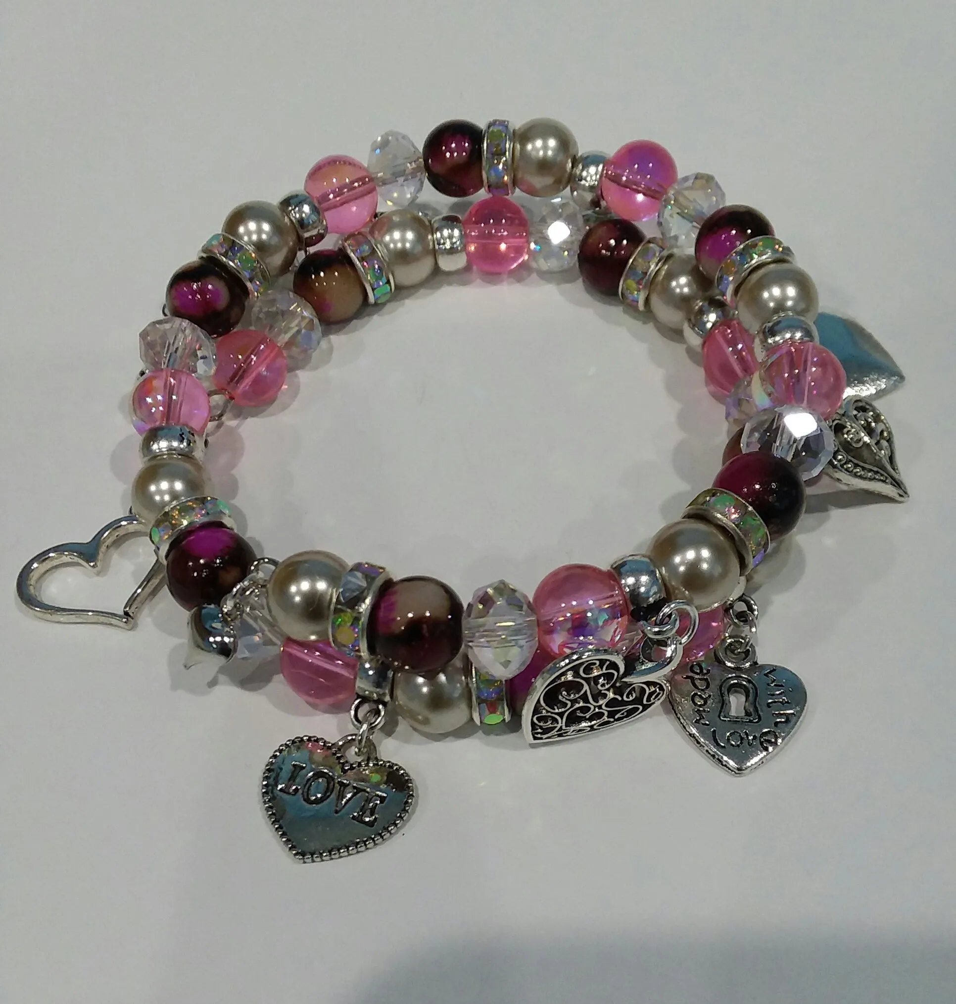 AVBeads Jewelry Memory Wire 2-Layer Heart Valentines Day Multi-Color 3 x 3 inches Zinc Alloy Metal Glass Charm Bracelet