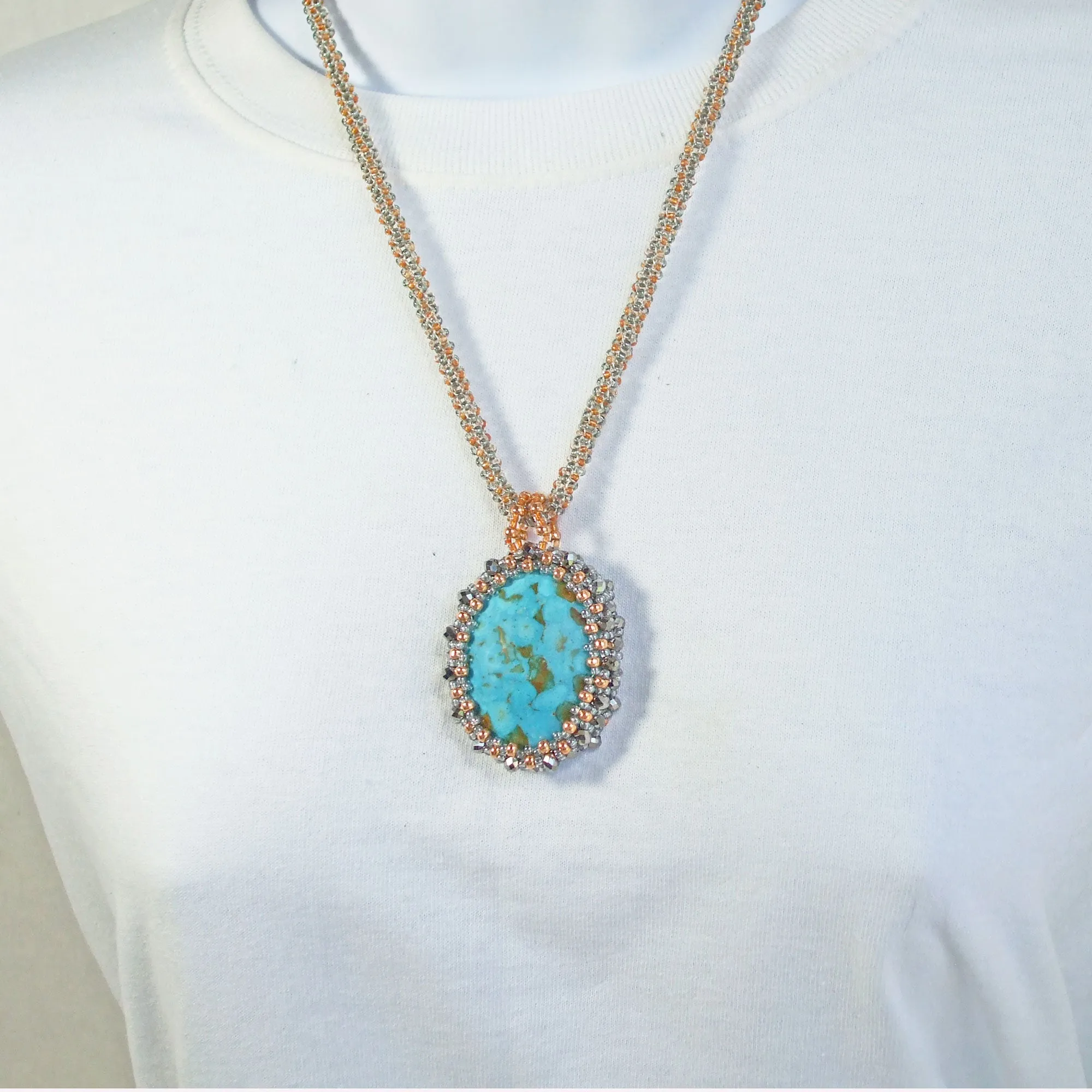 Bayle, Reversible, Turquoise Stone Cabochon, Beaded Bezel, Pendant, Necklace