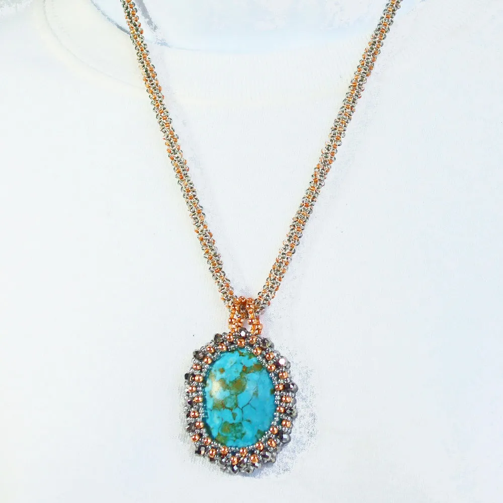 Bayle, Reversible, Turquoise Stone Cabochon, Beaded Bezel, Pendant, Necklace