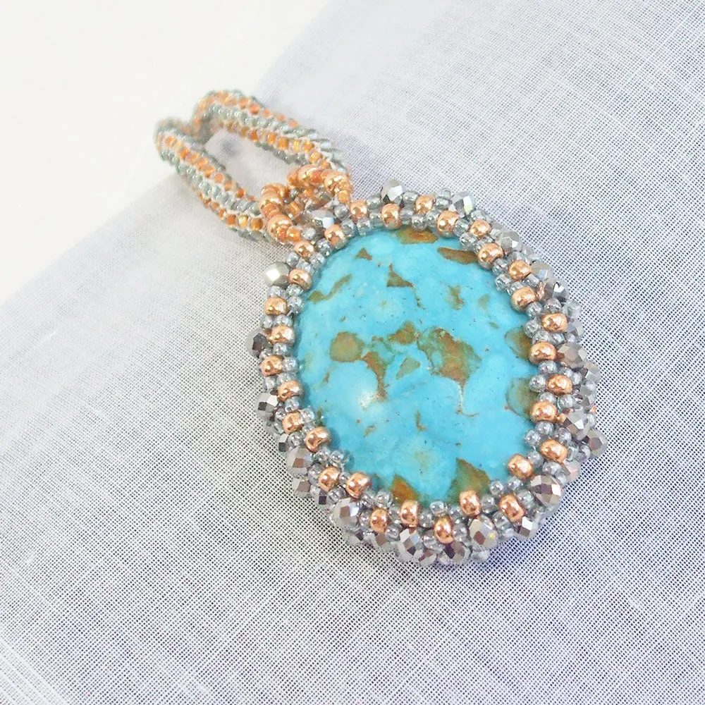 Bayle, Reversible, Turquoise Stone Cabochon, Beaded Bezel, Pendant, Necklace