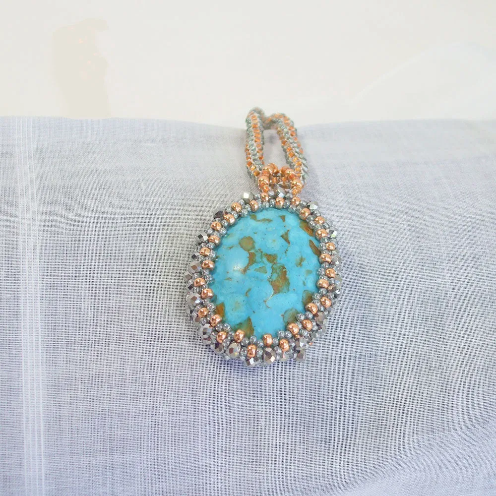 Bayle, Reversible, Turquoise Stone Cabochon, Beaded Bezel, Pendant, Necklace