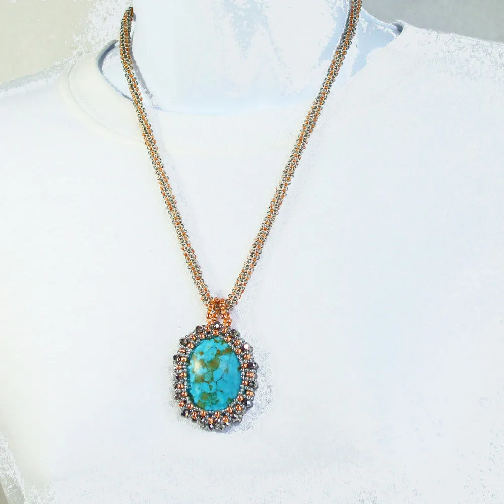 Bayle, Reversible, Turquoise Stone Cabochon, Beaded Bezel, Pendant, Necklace