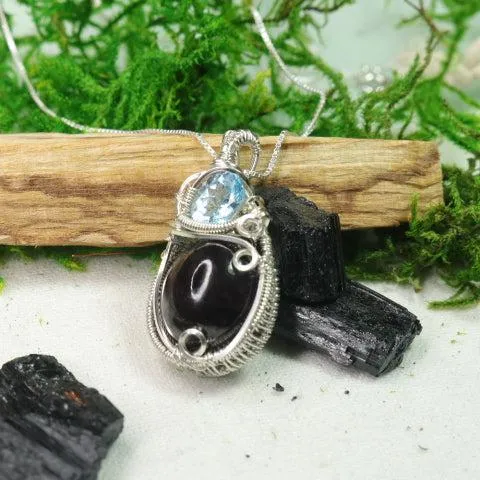 Beautiful Star Garnet and Blue Topaz Wire Wrapped Pendant~ Made by Hand~ Includes Silver Chain