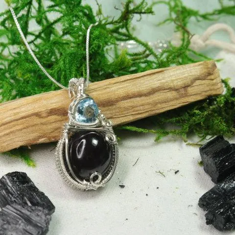 Beautiful Star Garnet and Blue Topaz Wire Wrapped Pendant~ Made by Hand~ Includes Silver Chain