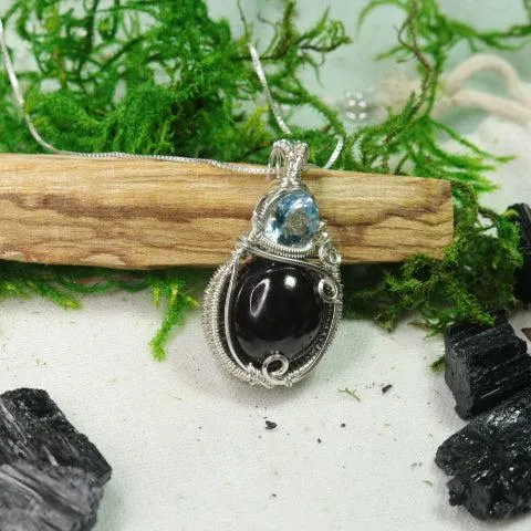 Beautiful Star Garnet and Blue Topaz Wire Wrapped Pendant~ Made by Hand~ Includes Silver Chain