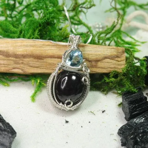 Beautiful Star Garnet and Blue Topaz Wire Wrapped Pendant~ Made by Hand~ Includes Silver Chain