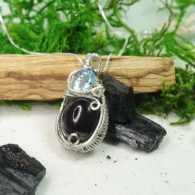 Beautiful Star Garnet and Blue Topaz Wire Wrapped Pendant~ Made by Hand~ Includes Silver Chain