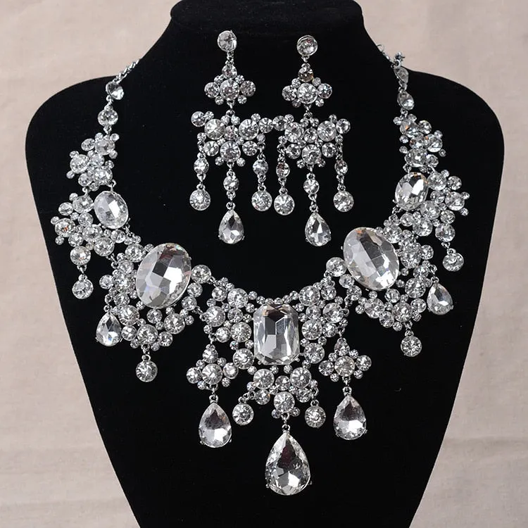 Big Rhinestone Necklace & Earrings Wedding Jewelry Set