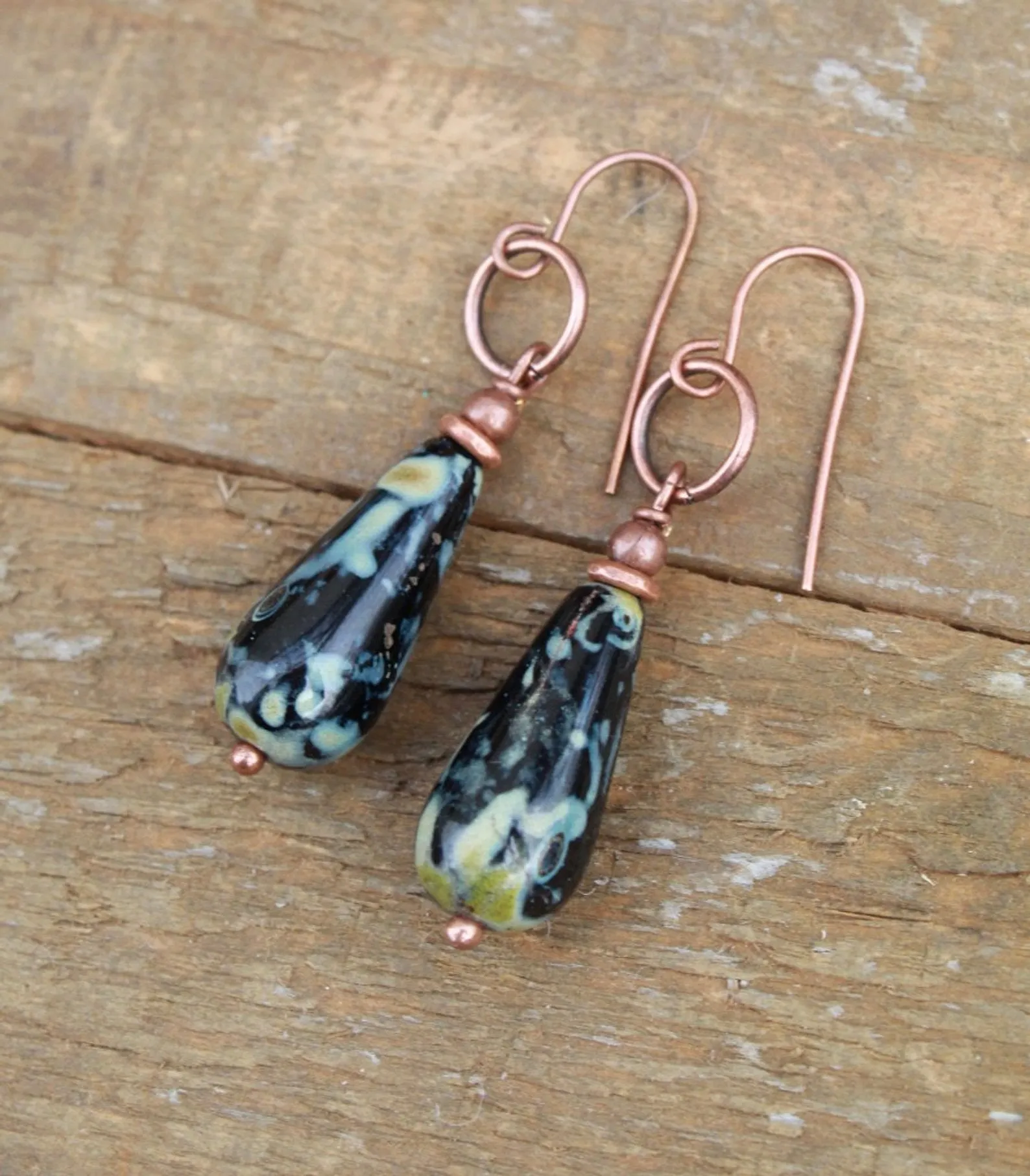 Black Teardrop Earrings, Earthy Black and Copper Earrings