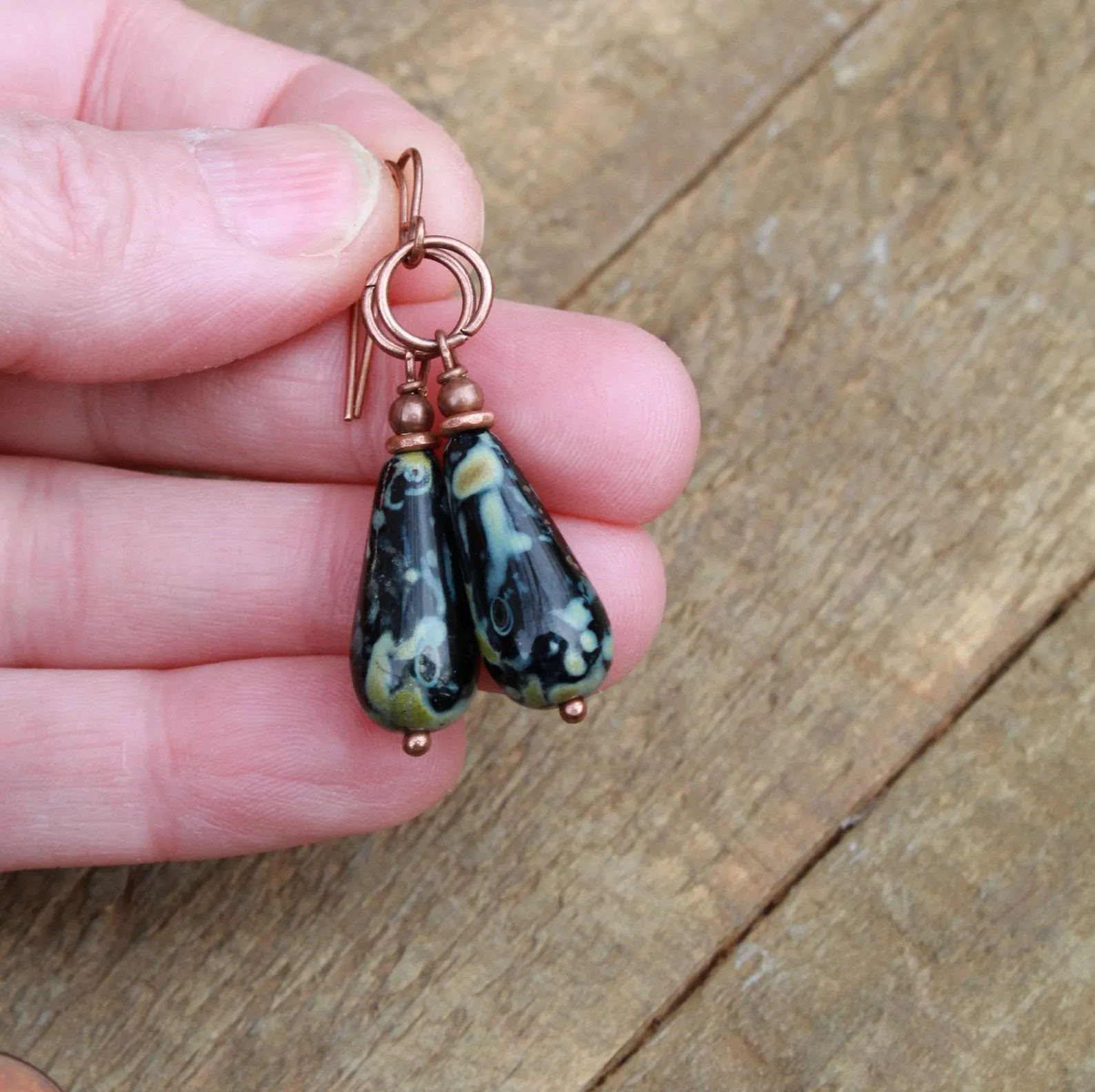 Black Teardrop Earrings, Earthy Black and Copper Earrings