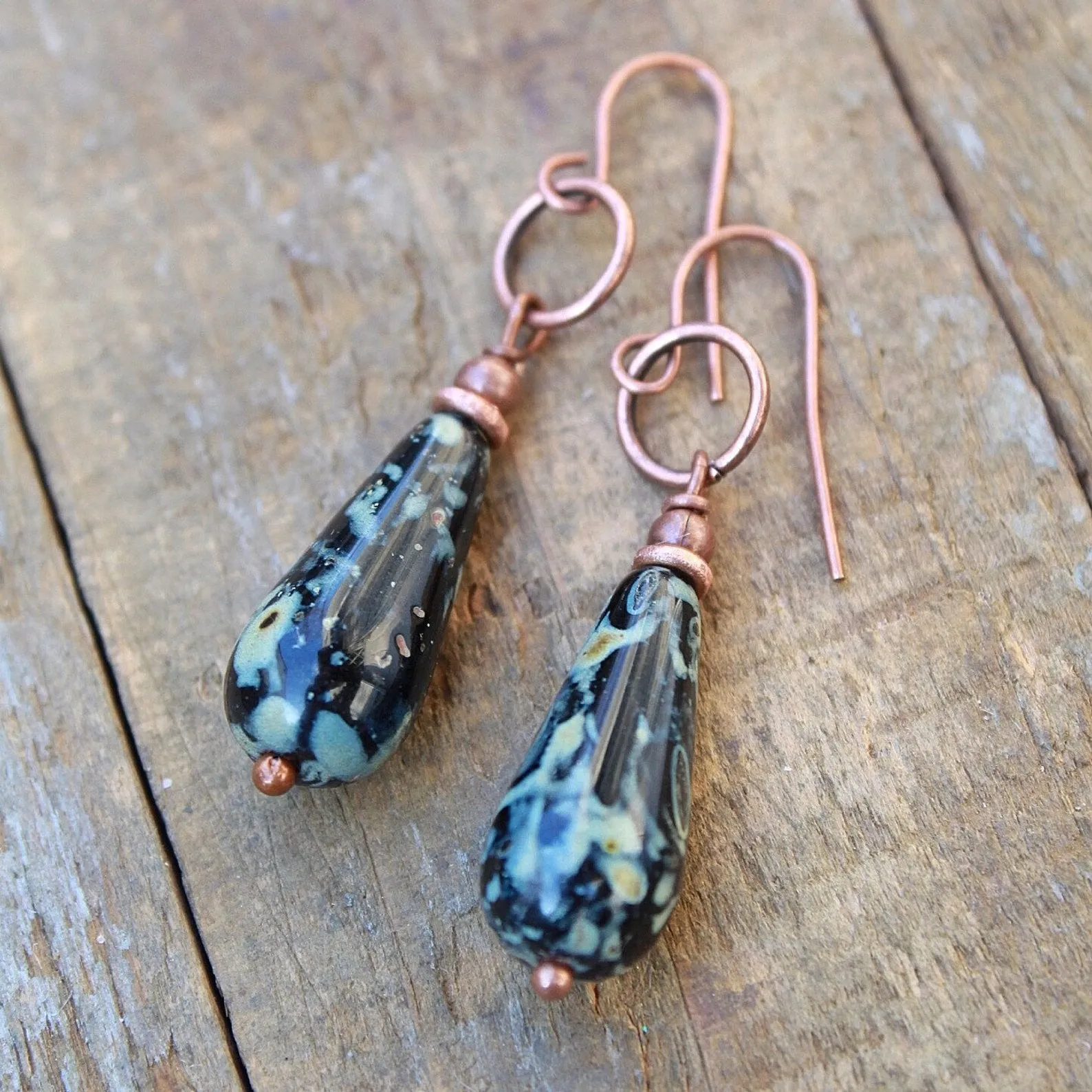 Black Teardrop Earrings, Earthy Black and Copper Earrings